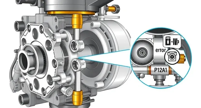 A detailed technical illustration of a high-pressure fuel pump (ТНВД) from an EcoBoost engine, showing internal components such as the plunger, camshaft, and fuel rail, with a magnified inset highlighting a fault point where error P12A1 occurs — likely a pressure sensor or valve leakage — rendered in a clean, professional diagnostic style with labeled parts and subtle red warning indicators near the faulty area, no text or digits visible on the image