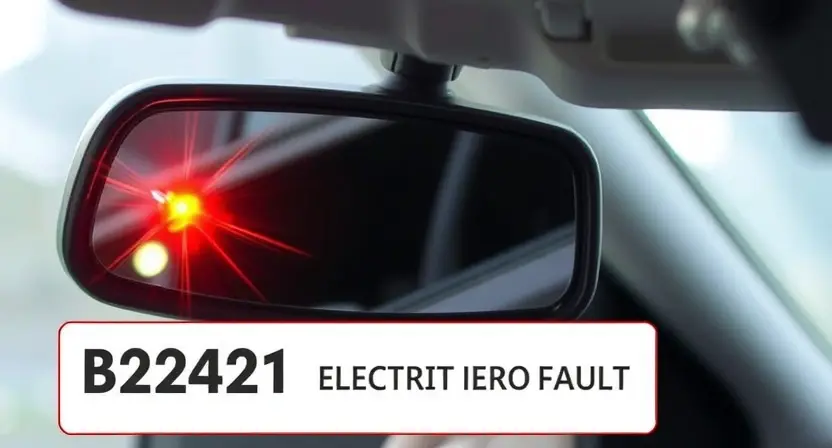 A close-up of a car's side mirror with a visible electrical fault, such as flickering or dimming lights, indicating the B2241 error. The mirror should be slightly blurred to emphasize the electrical issue. The background should be a generic car interior with a focus on the mirror's malfunction.