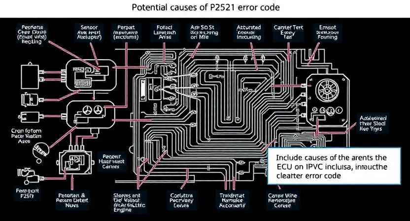 A detailed schematic diagram of an automotive engine control unit (ECU) with highlighted areas representing potential causes of the P2521 error code. Include visual representations of sensors, actuators, and wiring. Focus on clarity and technical accuracy.