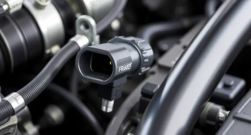 A close-up, detailed image of a car's engine bay, specifically focusing on the Mass Air Flow (MAF) sensor. The sensor should be clearly visible, along with some surrounding engine components like air intake hoses and wiring. The overall lighting should be bright and clean, highlighting the sensor's details. The background should be slightly blurred to keep the focus on the MAF sensor.