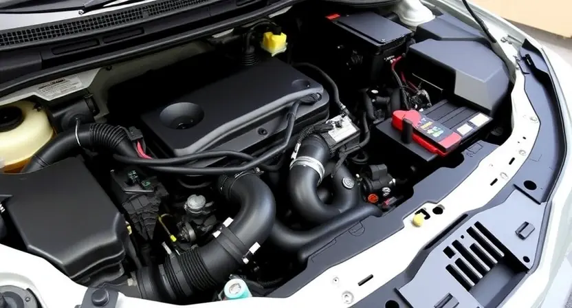 A detailed visual inspection of a car's engine, focusing on the temperature sensor and its wiring. The engine should be well-lit, showing all components clearly. Include a close-up of the temperature sensor and its connection to the engine control unit (ECU).