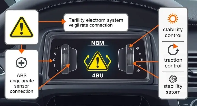 A high-quality technical illustration showing a vehicle's electronic control system with a warning sign indicating loss of angular rate sensor connection, focusing on ABS, traction control, and stability systems, rendered in the predefined style HQ-832-448-h