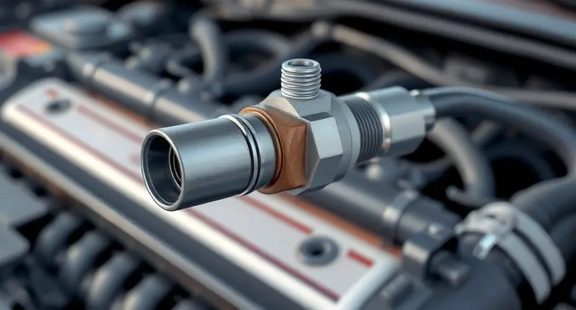 A close-up, detailed illustration of an engine's oxygen sensor. The sensor should be clearly visible, with its wiring and connection points highlighted. The background should be a blurred view of an engine compartment, suggesting a car. Focus on the sensor's physical characteristics and its role in monitoring exhaust gases.