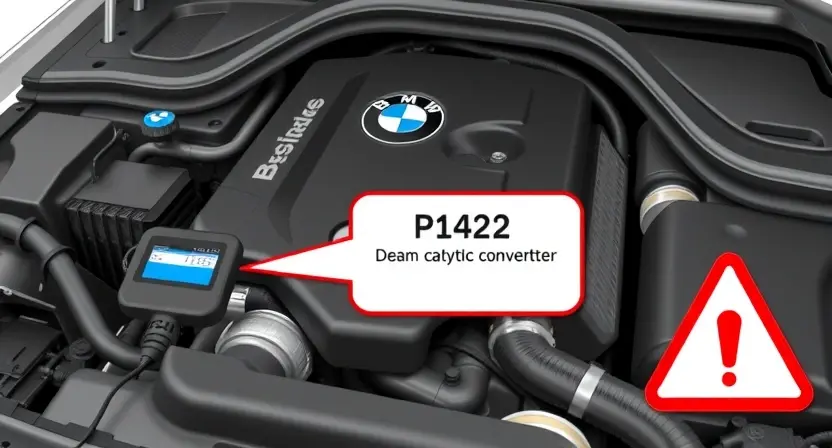 A detailed illustration of a BMW engine bay with a diagnostic tool connected to the engine's computer. Focus on the area where the P1422 error code might be related to, such as the catalytic converter or exhaust system. Include visual cues representing the error code, like a flashing light or a warning symbol.