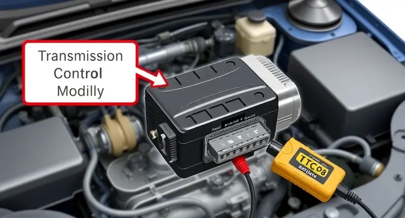 A detailed illustration of a car's engine bay, focusing on the transmission control module (TCM) and related wiring. The TCM should be clearly visible, with wires connected to it. Include diagnostic tools like a scan tool connected to the TCM. The background should be slightly blurred to emphasize the TCM.