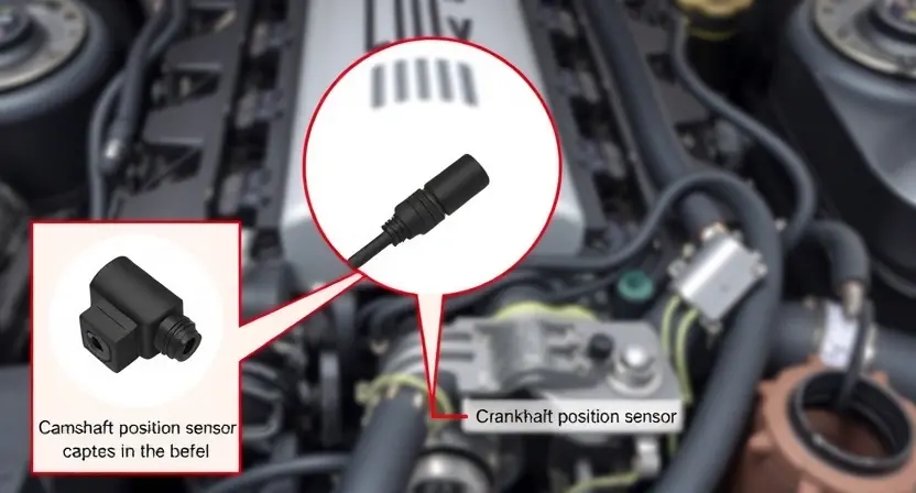 A detailed illustration of a car engine bay, focusing on the camshaft position sensor and crankshaft position sensor. The sensors should be clearly visible, with wiring and connectors highlighted. The background should be a slightly blurred view of the engine components.