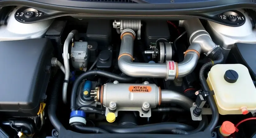 A detailed, realistic photograph of the inside of a car engine bay. Focus on the catalytic converter area, showing the exhaust pipes and surrounding components. The image should highlight the potential for a rich fuel mixture after the catalytic converter, implying a diagnostic or repair scenario. The engine should appear clean and well-maintained, suggesting a focus on the underlying mechanical aspects of the issue.
