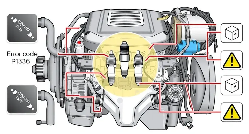 A high-quality technical illustration showing an automotive engine with highlighted components such as the oxygen sensor and spark plugs, surrounded by subtle circuit diagrams and warning icons to represent error code P1336, clean background, technical diagram style
