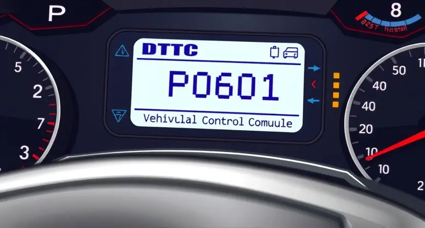 A detailed illustration of a car's dashboard with a diagnostic trouble code (DTC) display showing "P0601". The display should also show related information like "Vehicular Control Module" and "Communication Failure". The background should be a slightly blurred image of a car interior.