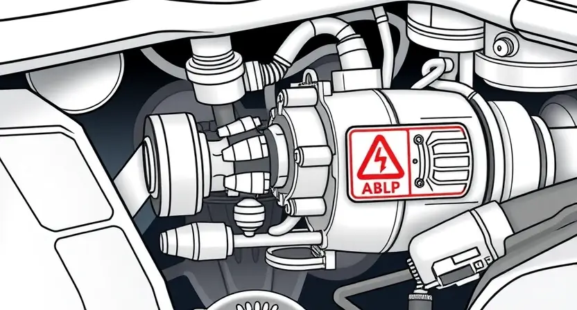 A high-quality technical illustration showing a car's ABS pump with a warning indicator for low voltage, emphasizing safety concerns, clean lines, technical accuracy, and professional automotive engineering style