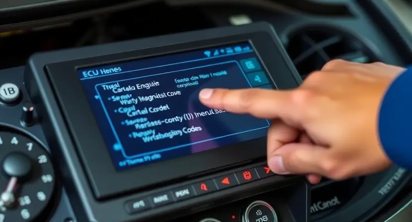 A close-up, detailed illustration of a car's engine control unit (ECU) with diagnostic codes displayed on a screen. The ECU should be well-lit, highlighting the various components. A mechanic's hand is gently pointing to a specific code on the screen.