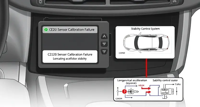 A detailed illustration depicting a car's electronic control unit (ECU) with a highlighted error message 'C2120: Sensor Calibration Failure' next to a visual representation of the longitudinal acceleration sensor. The ECU should be surrounded by schematic diagrams of the car's stability control system, showing the sensor's role in maintaining vehicle stability. The background should be a clean, technical environment.