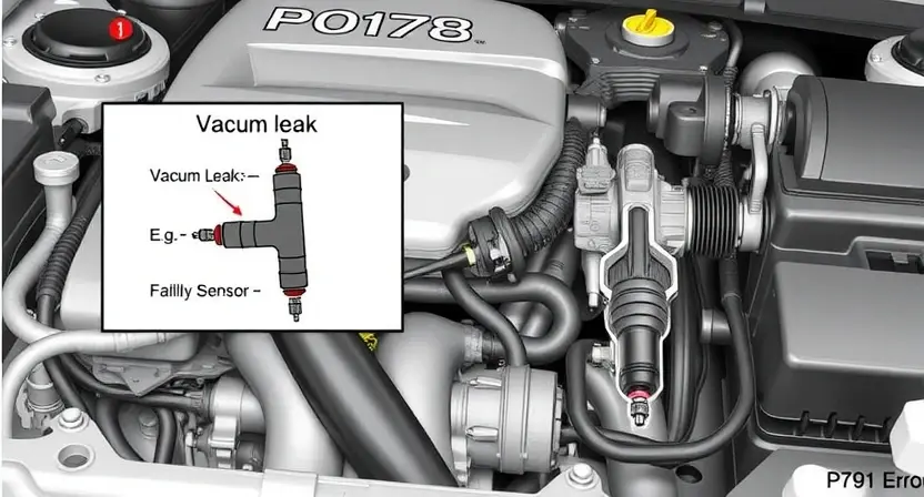 A detailed illustration of an automotive engine bay, focusing on the area around the fuel system. Include a close-up of a fuel injector and a diagram showing the P0178 error code and potential causes (e.g., vacuum leak, faulty sensor). The engine should be partially disassembled to reveal the components.