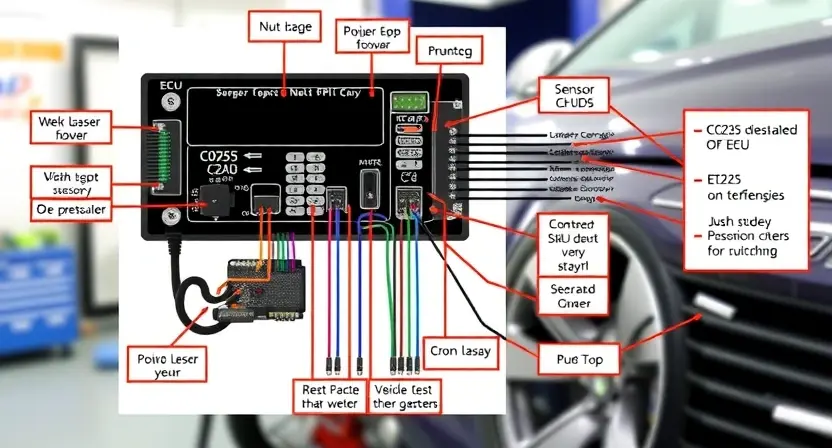 A detailed schematic diagram of a car's engine control unit (ECU) with highlighted components related to the C0255 error code. Focus on the diagnostic process, showing connections to sensors and actuators. The background should be a clean, professional-looking workshop environment.