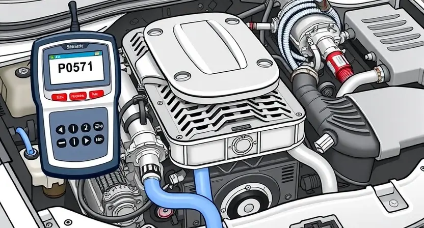 A detailed illustration of a car's engine bay with a diagnostic tool connected to the engine's computer. The image should clearly show the error code P0571 displayed on a screen, along with various engine components like the intake manifold, sensors, and hoses. Focus on technical accuracy and clarity.