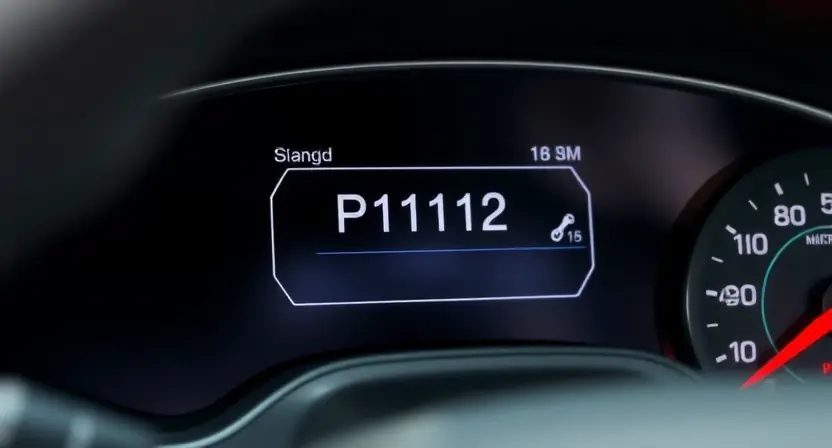 A close-up of an automotive dashboard displaying a diagnostic screen with the error code "P1112" prominently shown. The dashboard should be clean and modern, with a focus on the error code display. The background should be slightly blurred to emphasize the screen.