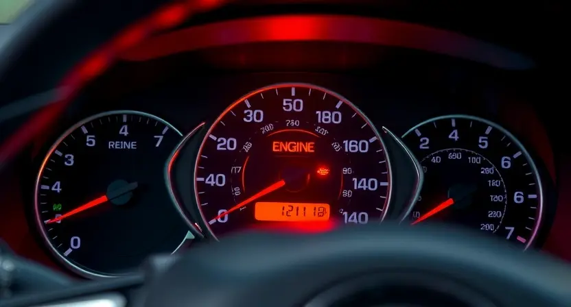 A close-up image of a car's dashboard with the check engine light illuminated. The focus should be on the illuminated light and the surrounding gauges, conveying a sense of concern or problem. The car should be a modern sedan, and the background should be slightly blurred to emphasize the dashboard.
