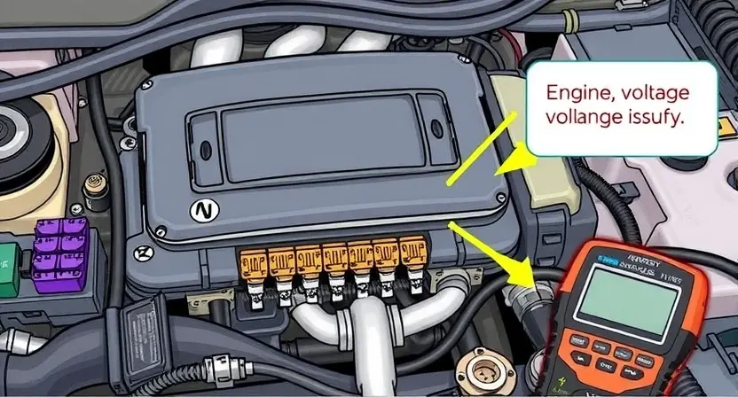 A detailed illustration of an automotive engine control unit (ECU) with various sensors and wiring, highlighting potential voltage issues. Include visual cues representing voltage fluctuations, such as wavy lines or color changes on the wiring. Focus on the diagnostic tools used to identify the problem.