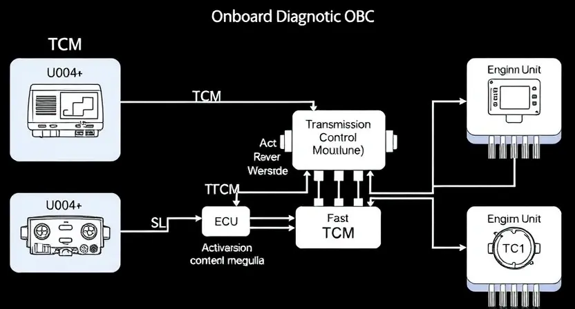 A detailed diagram illustrating a car's onboard diagnostic (OBD) system. The diagram should highlight the U0004 error code and its connection to the transmission control module (TCM). Show the flow of data between the TCM and the engine control unit (ECU). Include visual representations of relevant components like sensors, actuators, and wiring. Focus on clarity and technical accuracy, emphasizing the diagnostic process.