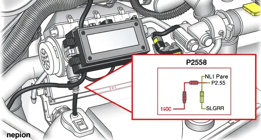 A detailed illustration of an automotive engine control unit (ECU) with various sensors and wiring. The ECU should be highlighted, and the wiring should be clearly visible. Include a schematic diagram overlay showing the P2558 error code and its potential causes.