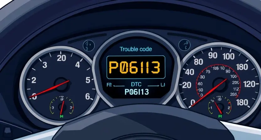 A detailed illustration of a car's dashboard with a diagnostic trouble code (DTC) display showing 'P0613'. The display should clearly show the code and potentially a brief explanation. The dashboard should be realistically rendered, with various gauges and controls visible. Focus on clarity and readability of the code display.