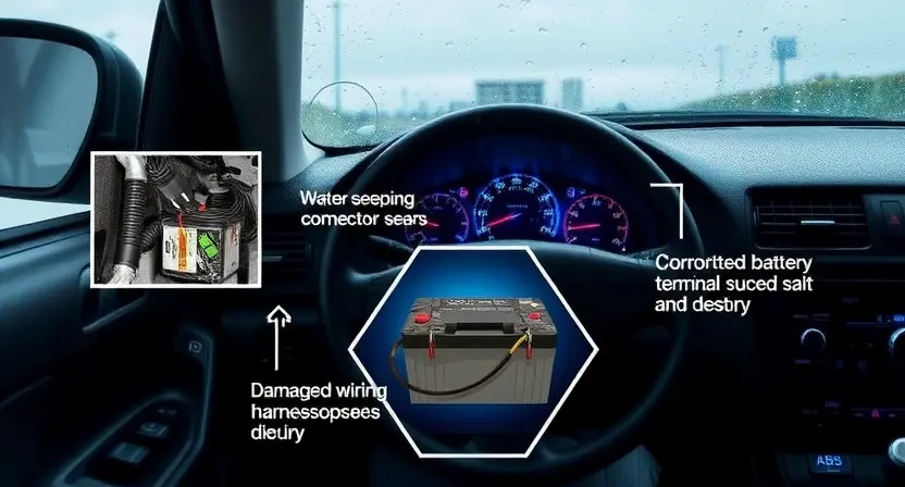 A detailed technical illustration showing external factors causing error B2141 in a vehicle system: a car parked outdoors in heavy rain, with water seeping into electrical connectors near the wheel well, corroded battery terminals, and a damaged wiring harness exposed to road salt and debris, all under overcast skies; subtle warning light icons (like check engine or ABS) faintly glowing on the dashboard visible through the windshield, no text or labels present