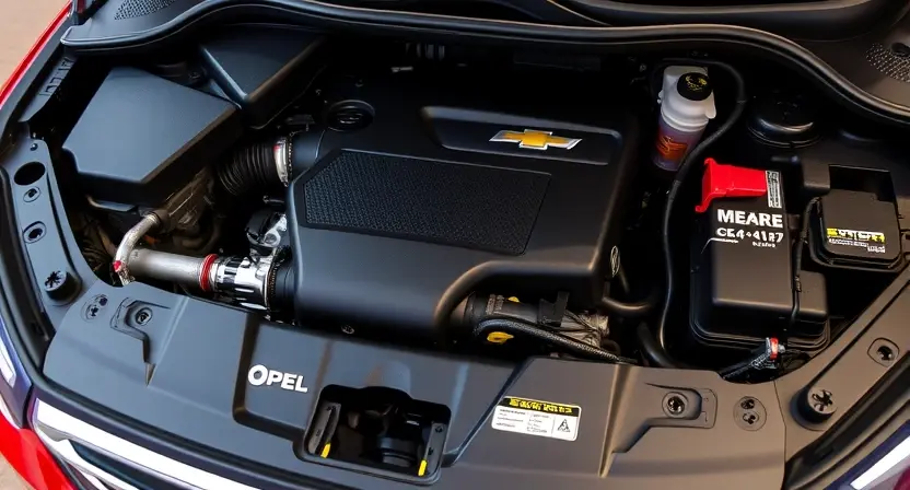 A close-up shot of an Opel and Chevrolet car engine bay, highlighting the engine components. Focus on clean, well-maintained parts. The engine should appear modern and functional.
