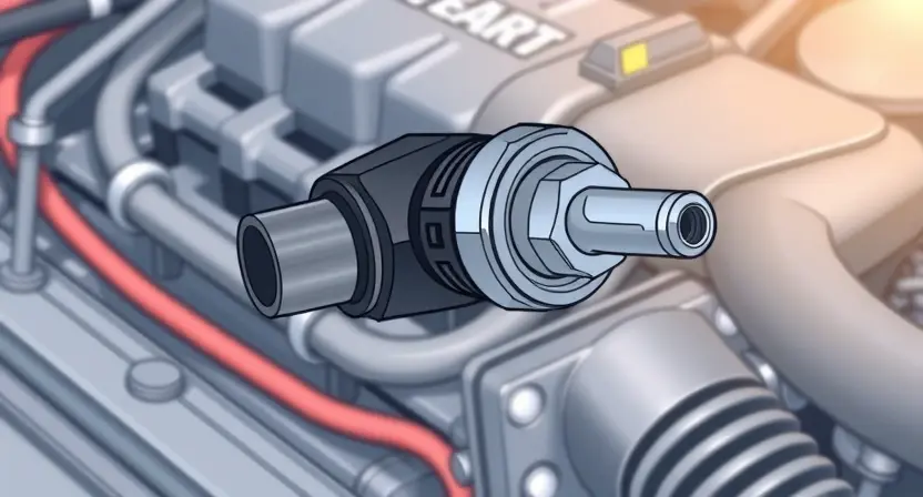 A close-up, detailed illustration of an engine coolant temperature sensor. The sensor should be clearly visible, showing its physical components and connections. In the background, subtly depict a car engine block with hoses and wires, suggesting the sensor's location. Focus on the sensor's design and how it interacts with the coolant system.