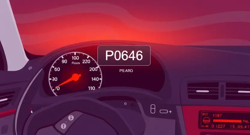 A detailed illustration of a car's dashboard with a diagnostic error code display showing P0646. The dashboard should be brightly lit and clearly show the error code. Include relevant car components like the steering wheel, instrument cluster, and air vents.