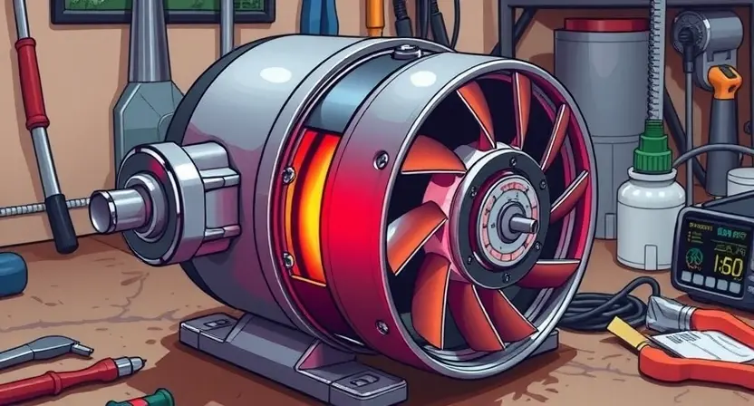 A detailed illustration of an electric motor with visible overheating components, such as a damaged thermal paste or a faulty cooling fan. The motor should be depicted in a workshop setting, with tools and diagnostic equipment nearby. Focus on the visual representation of the overheating issue.