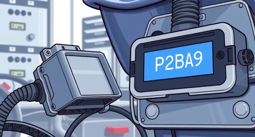 A detailed illustration of an OBD-II port connected to a car's diagnostic interface. The interface should display a P2BA9 error code prominently. The background should be a clean, technical environment, possibly a garage or workshop. Focus on clarity and technical accuracy.