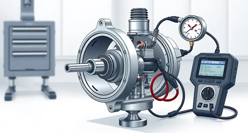 A detailed technical illustration of a high-pressure fuel pump (ТНВД) from an EcoBoost engine, showing internal components such as plunger, camshaft, fuel inlet/outlet valves, and pressure regulator, with diagnostic tools like a pressure gauge and scan tool connected to the system, set in a clean automotive workshop environment with soft directional lighting highlighting the pump and tools; no text, labels, or digits visible in the image