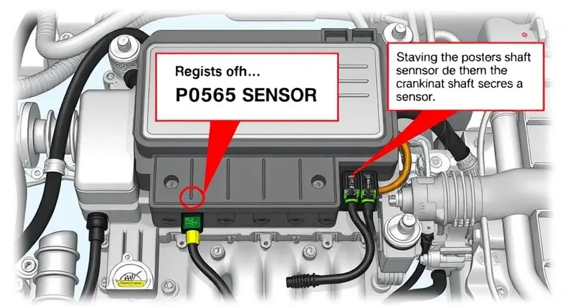 A detailed illustration of an automotive engine control unit (ECU) with various sensors and wiring, highlighting the P0565 diagnostic code. The image should visually represent the electrical system and potential issues related to the crankshaft position sensor.