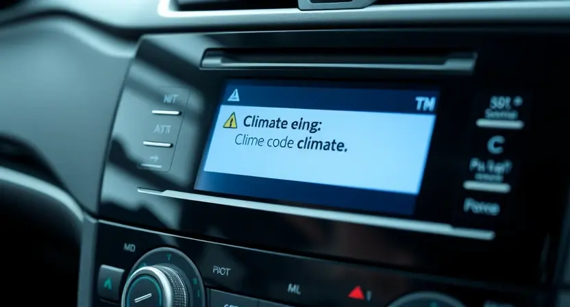 A close-up, detailed image of a car's dashboard, specifically focusing on the climate control system display. The display should show a warning message or error code related to the climate control unit. The overall aesthetic should be clean and modern, highlighting the technological aspect of the car. The car interior should be subtly visible but not the main focus.