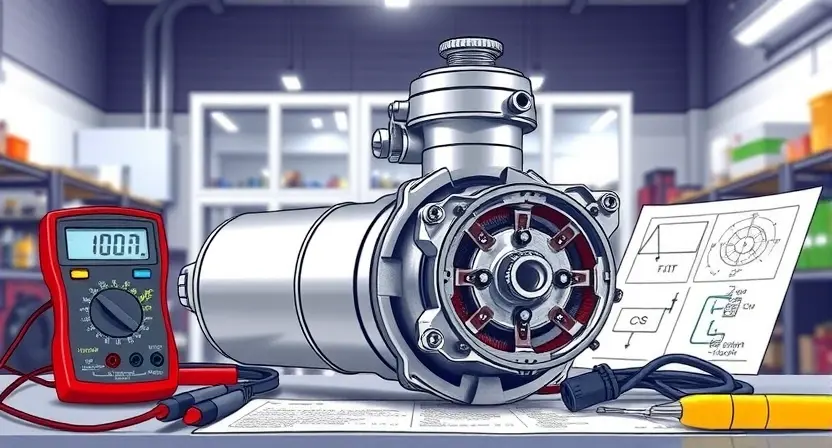 A detailed, high-quality illustration of a power steering motor being inspected. The motor should be the central focus, with various diagnostic tools (multimeter, wiring diagram, etc.) subtly placed around it. Focus on the motor's internal components and wiring connections. The background should be a clean, well-lit workshop environment. The image should convey a sense of technical precision and problem-solving.