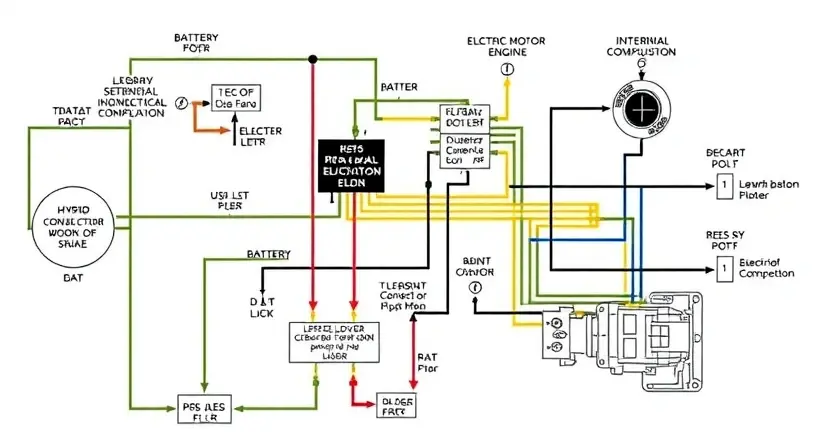 A detailed schematic diagram of a hybrid vehicle's electrical system, highlighting the battery, electric motor, and internal combustion engine components. Focus on the connections and potential points of failure related to P3110 error. Use clear labels and color-coding to differentiate components. The background should be a clean, neutral color.