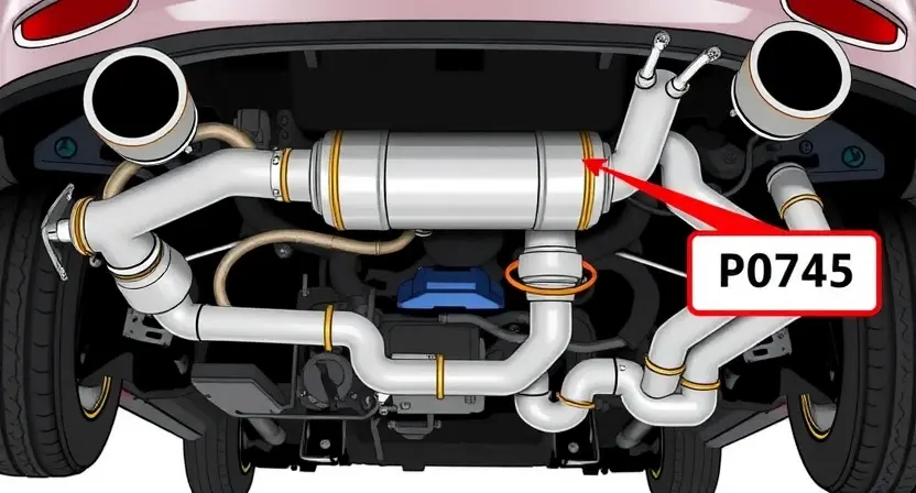 A detailed illustration of a car's exhaust system with a diagnostic code P0745 highlighted. The image should show the components of the system (catalytic converter, exhaust manifold, etc.) and visually represent the error code. Focus on clarity and technical accuracy.