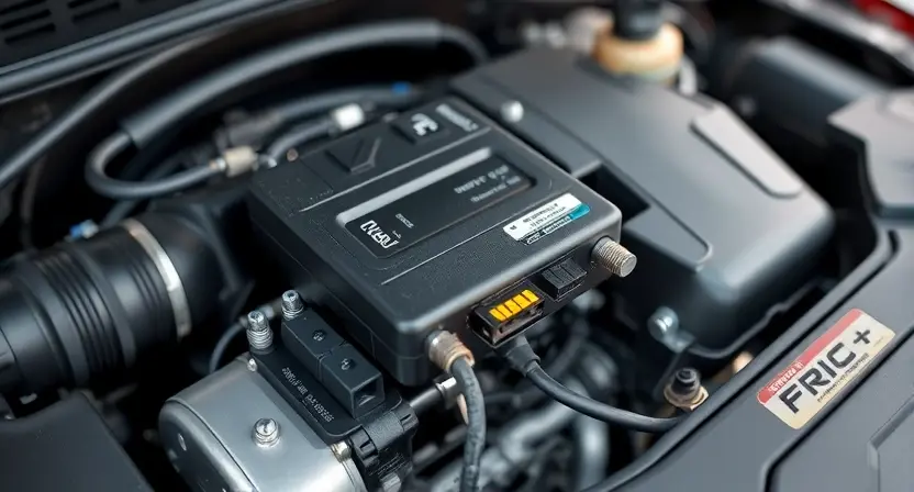 A close-up, detailed illustration of a car's engine bay. Focus on the engine control unit (ECU) and related sensors, highlighting their connections and components. The overall scene should convey a sense of technical precision and diagnostic analysis. The engine should appear clean and well-maintained. The background should be blurred, emphasizing the central components.