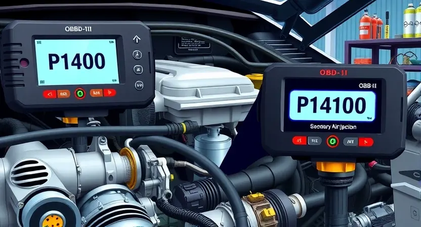 A detailed technical illustration of a car engine diagnostic system showing error code P1400 on a digital OBD-II scanner screen, with close-up views of the secondary air injection pump, vacuum hoses, and electrical connectors, set in a well-lit automotive workshop with tools and diagnostic equipment in the background, realistic style, high detail, no text or labels visible on any components