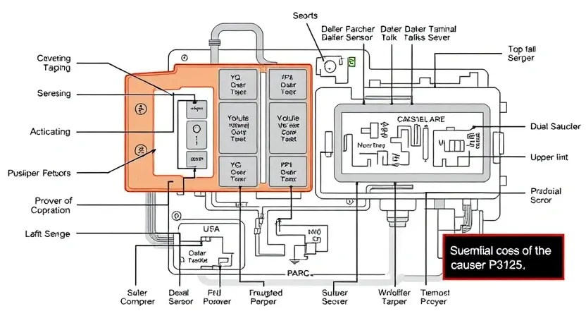 A detailed schematic diagram of an automotive engine control unit (ECU) with highlighted areas representing potential causes of the P3125 error code. Include visual representations of sensors, actuators, and wiring. The diagram should be clean, well-labeled, and illustrate the flow of data within the ECU.