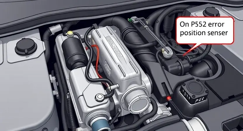 A detailed illustration of an automotive engine bay, focusing on the area around the turbocharger and position sensor. The image should clearly show the sensor, wiring, and the turbocharger itself. Highlight the potential cause of the P2562 error with visual cues like a slightly damaged connector or a loose wire. The overall aesthetic should be realistic and informative, suitable for a technical guide.