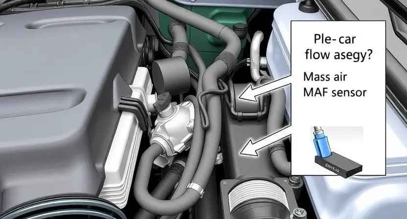 A close-up, detailed illustration of a car's engine bay, specifically focusing on the Mass Air Flow (MAF) sensor and its surrounding components. The sensor should be clearly visible, with wires and hoses connected. The engine should appear clean and well-maintained. Focus on the sensor's physical appearance and its integration within the engine system.