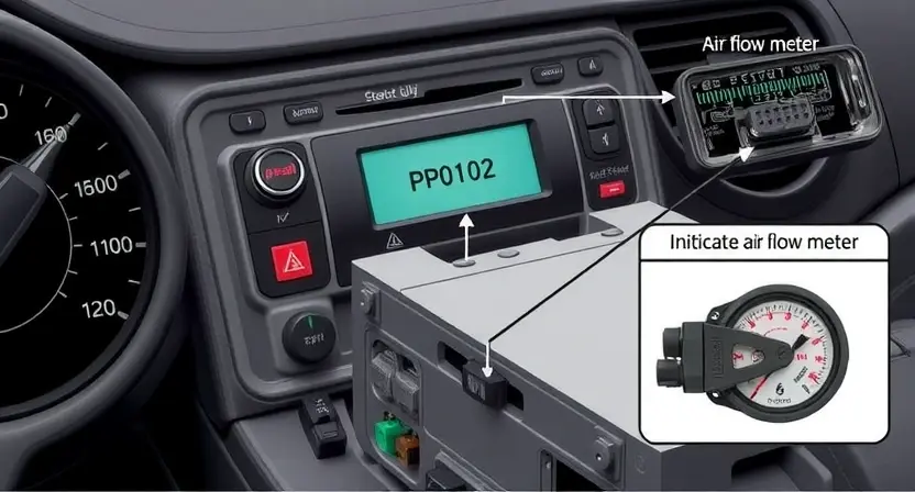 A detailed illustration of an engine control unit (ECU) with various sensors and diagnostic connectors. The image should clearly show the P0102 error code indicator light illuminated on the dashboard. Include a visual representation of the engine's intake system and air flow meter.