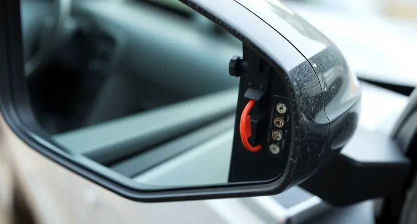 A detailed close-up of a car's side mirror with visible wiring and connectors, showing signs of wear or damage. The mirror should be slightly askew or not functioning properly, indicating a feedback circuit issue. The background should include a blurred view of a car's exterior to provide context.