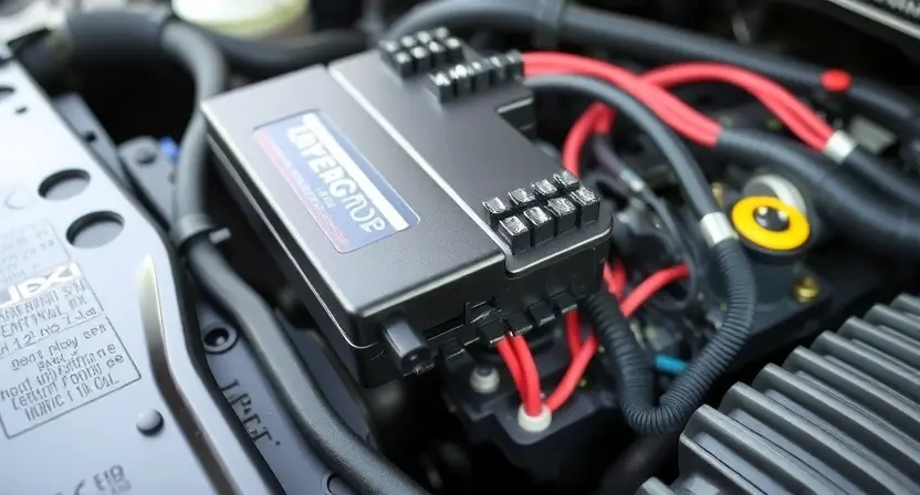 A close-up shot of a car's engine bay, focusing on the Engine Control Unit (ECU) and the relay control system. Wires and connectors should be visible, suggesting a complex electrical system. The image should convey a sense of technical detail and potential malfunction. The lighting should be bright and even, highlighting the components. Focus on the wiring harness and the relay module itself.