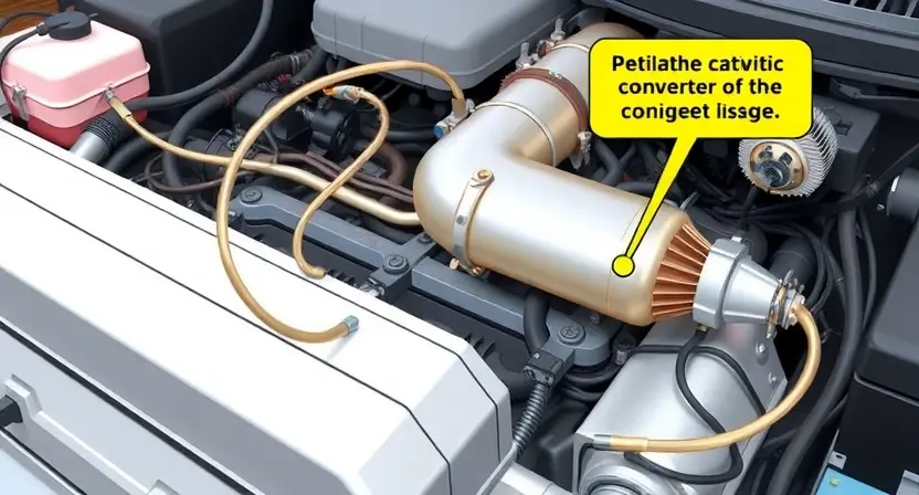 A detailed illustration of an engine bay with a focus on the catalytic converter and associated wiring. The catalytic converter should be clearly visible, along with the wiring harness connected to it. Include visual cues indicating potential issues, such as loose connections or corrosion. The background should be slightly blurred to emphasize the engine components.