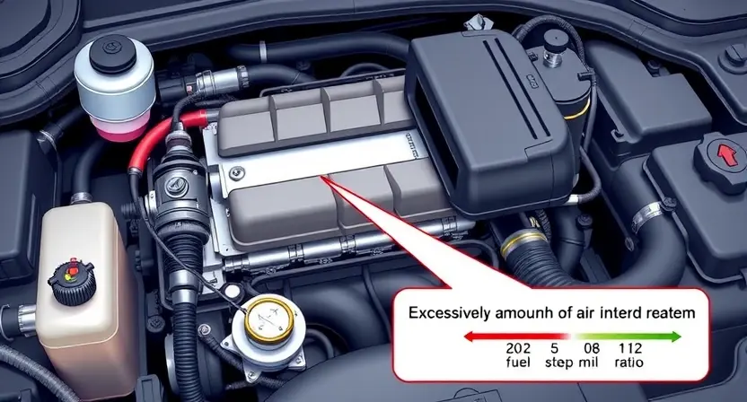 A detailed illustration of an automotive engine bay, focusing on the fuel system. Show a fuel injector, fuel rail, and a diagram illustrating the air-fuel ratio. Include visual cues representing an excessive amount of air entering the system, such as a slightly lighter color or a subtle visual distortion.