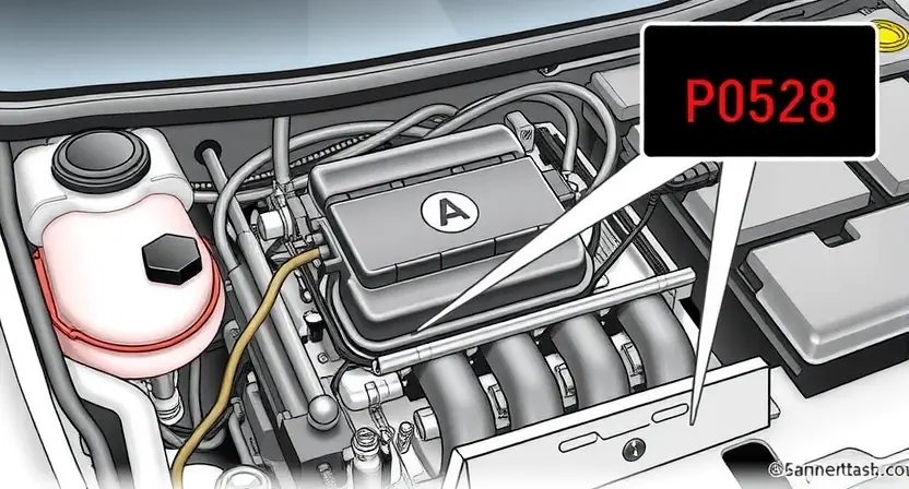 A detailed illustration of a car engine bay, focusing on the fan sensor and its wiring. The sensor should be clearly visible, along with the wiring harness connecting to it. Include a visual representation of the P0528 error code displayed on a car's dashboard.