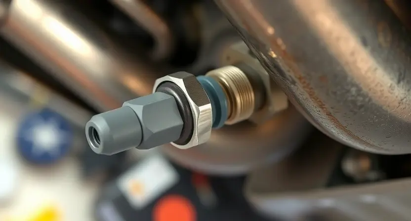 A close-up, detailed image of an oxygen sensor being removed from a car exhaust manifold. The sensor should be clearly visible, along with the surrounding metal components. Focus on the sensor's electrical connector and the threads where it screws into the manifold. The background should be blurred, suggesting a workshop environment. The lighting should be bright and even, highlighting the details of the sensor and its connection.