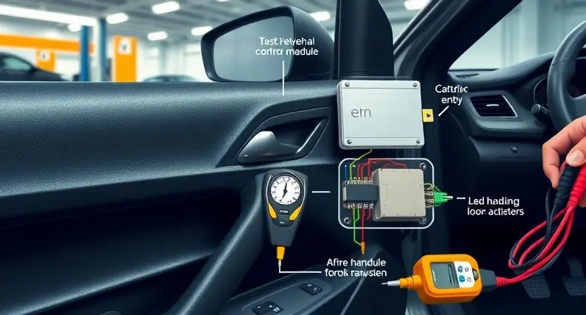 A detailed technical illustration of a car's keyless entry system components, including the key fob, antenna, control module, wiring harness, and door lock actuators, with visible electrical circuits and diagnostic tools like a multimeter checking connections, set in a modern automotive workshop environment